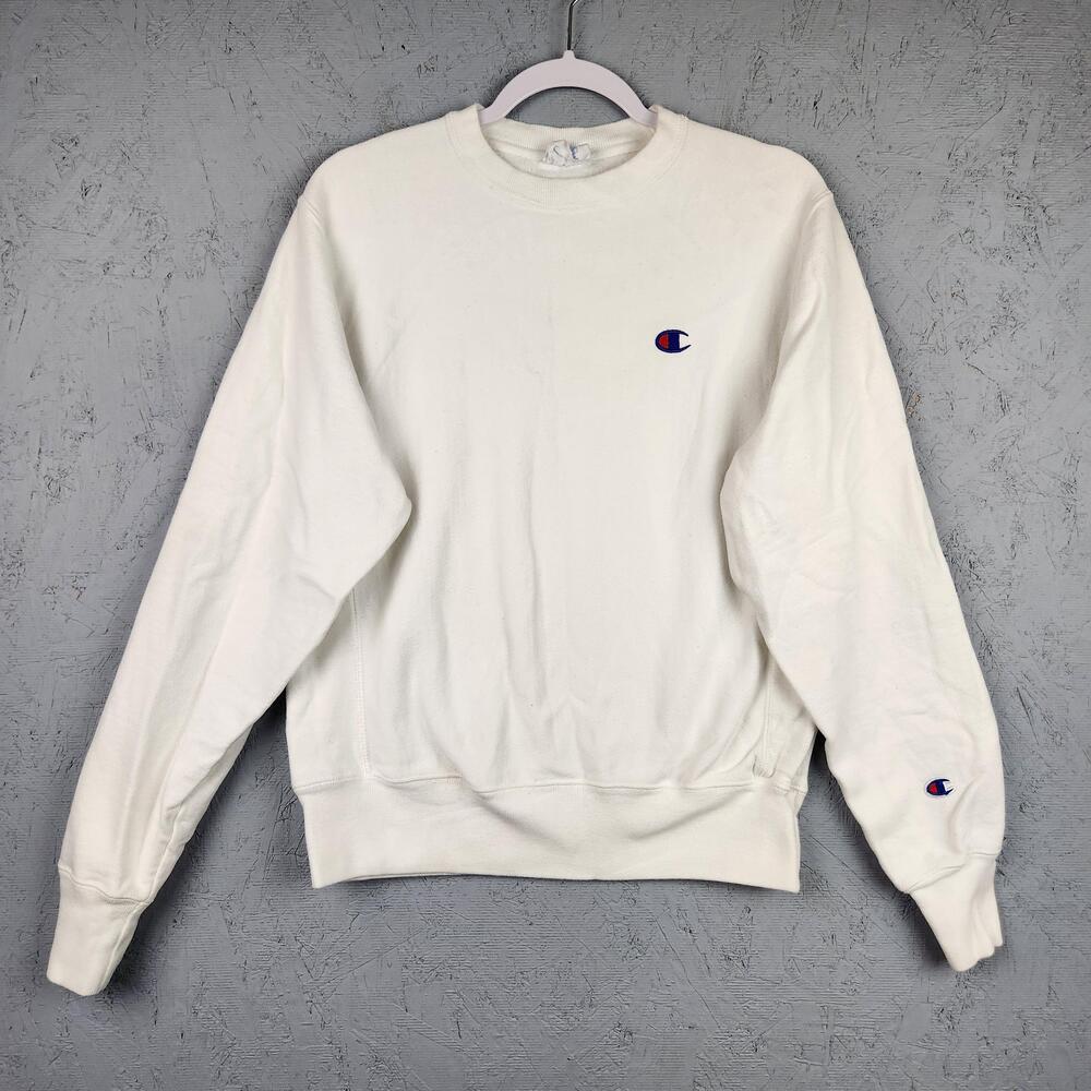 Champion Reverse Weave Sweatshirt Mens Small White Crewneck Embroidered Logo